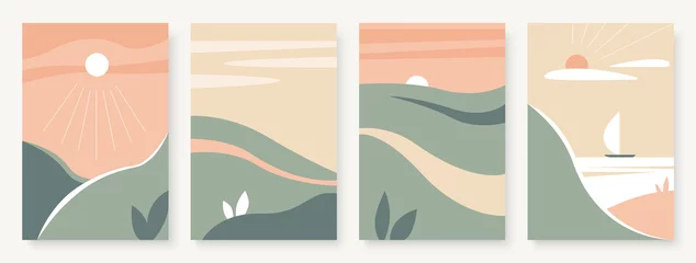 Rolgordijnen Zomer berg abstracte landschap vector illustratie set. Scandinavische minimalistische stijllandschappen, weg op groene grasheuvels, trendy verticale moderne muursjabloonachtergrond © Flash concept