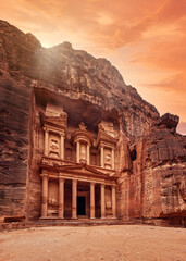 Front of Al-Khazneh Treasury temple carved in stone wall - main attraction in Lost city of Petra,...