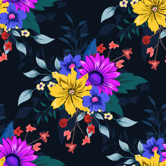 Obraz premium Colorful botanical seamless floral pattern on dark background.