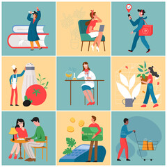 People at work or study vector illustration set. Cartoon tiny happy graduate student and woman scientist, boy courier with delivery box, man shopping and chef cooking, girl gardener working background