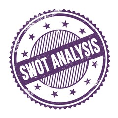 SWOT ANALYSIS text written on purple indigo grungy round stamp.