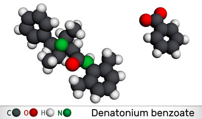 Denatonium benzoate molecule. It has the most bitter taste of any compound known to science. Molecular model. 3D rendering