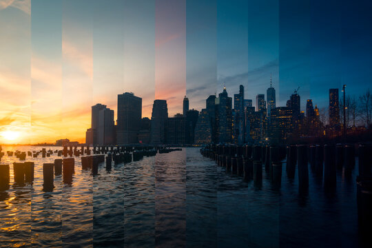 East River in New York City with contemporary skyscrapers under cloudy sky at sunset