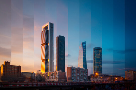 Contemporary multistage building exteriors against lush trees under colorful sky at sundown in Madrid Spain