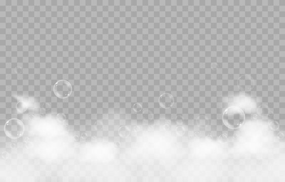 Vector foam with bubbles. Soap bubbles png, foam png, soap, shampoo. Bath foam on isolated transparent background.