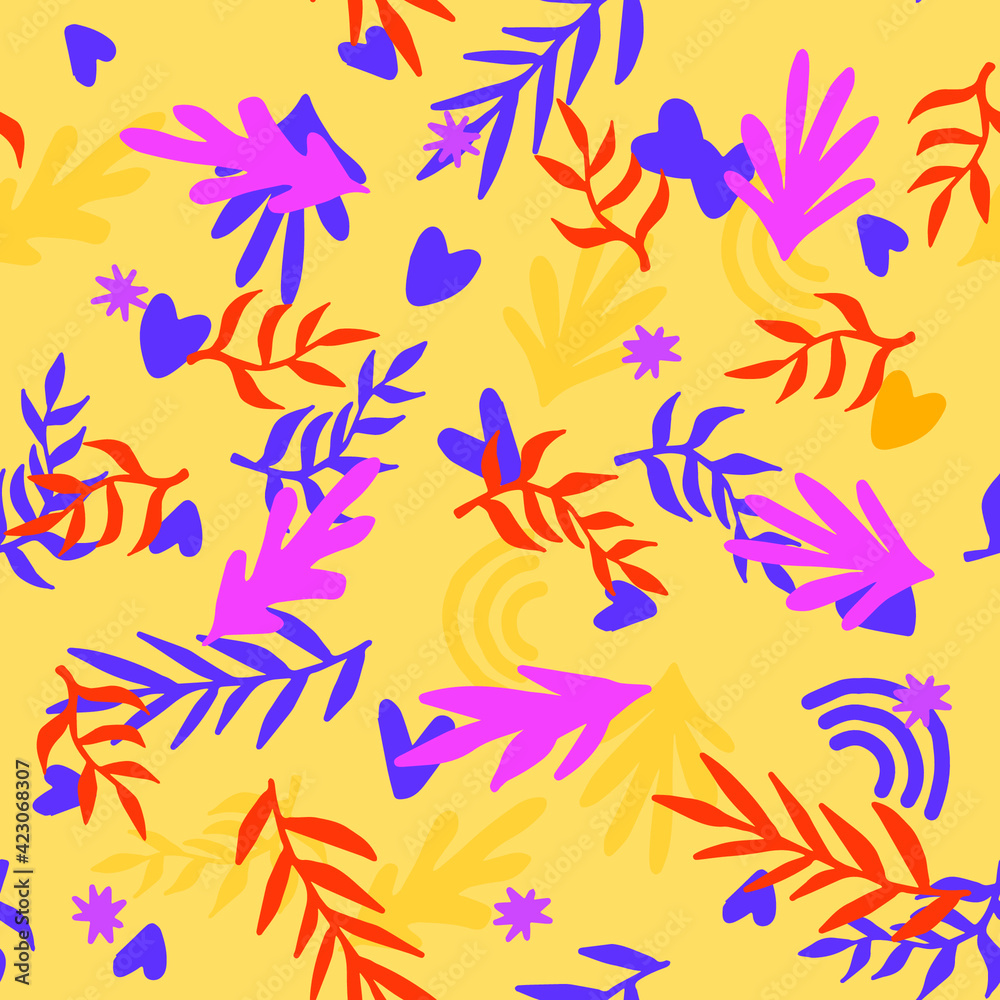 Aufkleber Beautiful Mid- Century Boho style Pattern with Palm Branches. Repeating Vector Design in warm color palette.