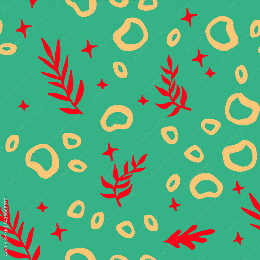 Poster Beautiful Mid- Century Boho style Pattern with Palm Branches. Repeating Vector Design in warm color palette.