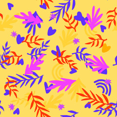 Beautiful Mid- Century Boho style Pattern with Palm Branches. Repeating Vector Design in warm color palette.