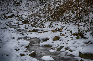 Ice-free little river in winter. Stream of river water. The snow cover. Winter abstract background.