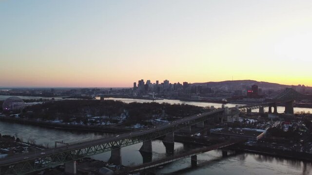 Aerial view of Montreal city over the jaque cartier bridge