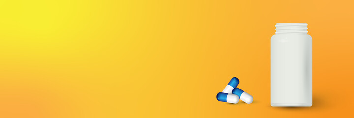 Bottle and scattered pills on color background.