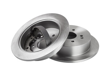 rear brake discs with drum brake pads inside a rotor, car spare parts side view isolated on white background.