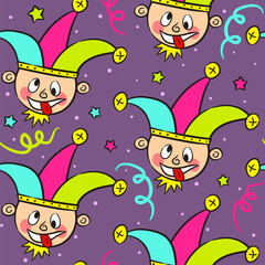 Seamless pattern with cheerful harlequin and multicolored confetti. Bright background for festive decoration. Vector illustration on the theme of circus, holiday, fun, birthday, April Fool's Day.