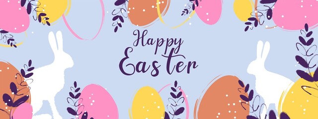 Happy Easter banner. Easter rabbit, easter Bunny. Vector illustration. Trendy Easter design with typography strokes and dots, eggs and bunny in pastel colors. Modern minimal style.