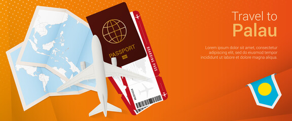 Travel to Palau pop-under banner. Trip banner with passport, tickets, airplane, boarding pass, map and flag of Palau.