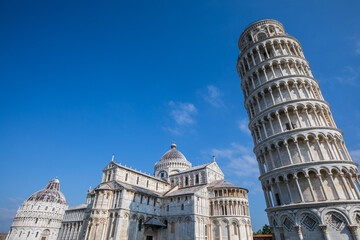 The Leaning Tower of Pisa, campanile, or freestanding bell tower, of the cathedral of the Italian...