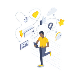 isometric vector illustration isolated on white background, black man in yellow t-shirt with smartphone near the wall, internet activity and social media communication icons