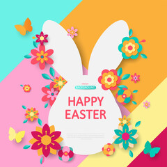  Easter card with bunny rabbit shape frame, spring flowers on colorful modern geometric background. Vector illustration. Place for your text.