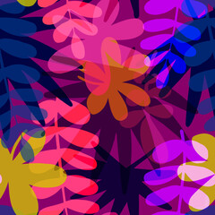 Seamless pattern with drawn tropical leaves, colorful artistic botanical illustration. Floral background. Modern botanical minimalistic illustration with texture.