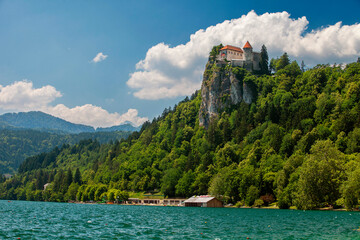 View of Bled castle on a cliff over Bled lake. Slovenia