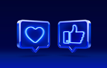 Hand and heart like neon icon, sign follower 3d banner, best post social media. Vector