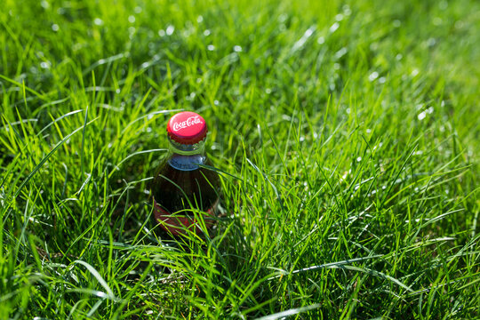 Coka -Cola - one of the favorite drinks in the world. The bottle lies in the green grass.