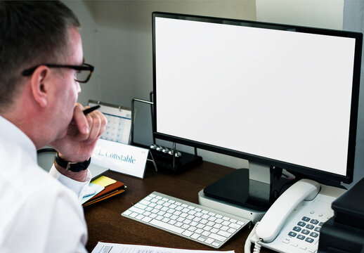 Businessman Using Computer Screen Mockup Design