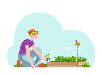 Obraz na płótnie Canvas Smiling woman plants out seedlings to wooden seedbed in vegetable garden. Concept for gardening or farming. Vector flat illustration