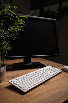 White modern keyboard and mouse and computer monitor placed on wooden table near green potted plant
