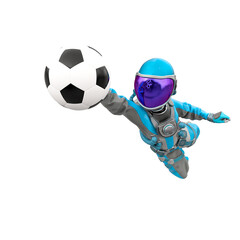 astronaut girl is playing football as a goalkeeper close up view