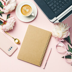 Home office table desk, Flat lay blogger workspace mockup with coffee, computer, flowers and...