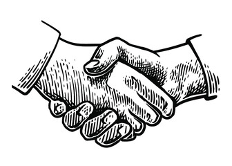 Drawing shake hands.
Businessman handshake sketch engraving vector illustration on white background.
