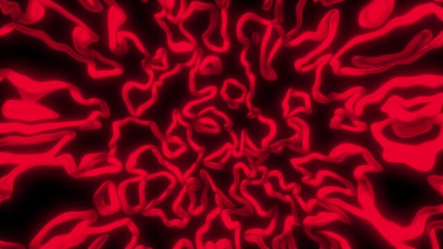 Wavy lines of worms bend in curved 3D render space. Mixed luminous linear chromosomes under magnification of electron microscope. Swirling spiral processes rushing into void.