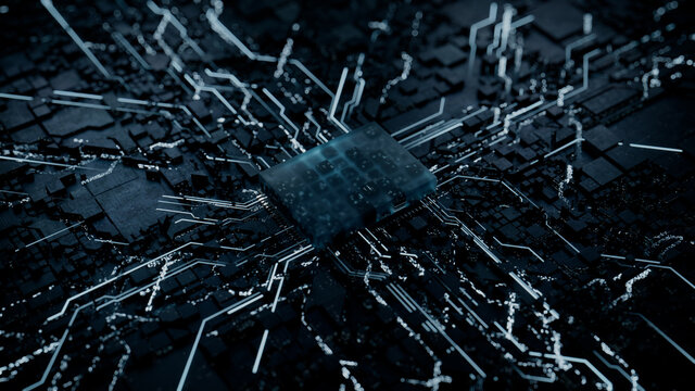 Advanced Technology Concept with Microchip. White Neon Data flows from the CPU across a Futuristic Motherboard. 3D render.