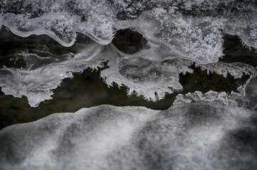 Ice-free little river in winter. Stream of river water. The snow cover. Winter abstract background.