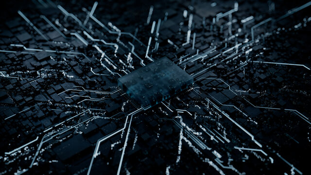 Advanced Technology Concept with Microchip. White Neon Data flows from the CPU across a Futuristic Motherboard. 3D render.