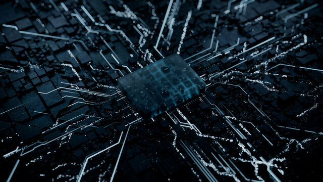Advanced Technology Concept with Microchip. White Neon Data flows from the CPU across a Futuristic Motherboard. 3D render.