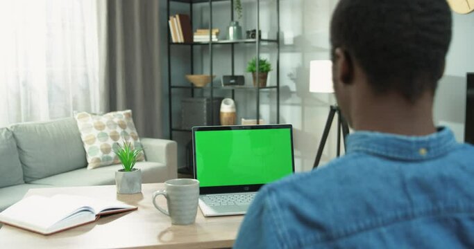 Rear of African American male sitting in living room in apartment looking at laptop green screen using device. Man looks at computer monitor with chroma key at home, technology concept