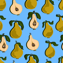 Pears with leaves, whole and chopped. Pear  seamless pattern. Background for wallpaper, fabric, paper, scrapbooking, menu and packaging