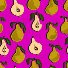 Pears with leaves, whole and chopped. Pear  seamless pattern. Background for wallpaper, fabric, paper, scrapbooking, menu and packaging
