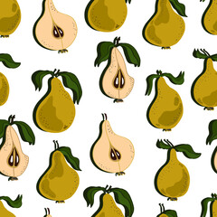 Pears with leaves, whole and chopped. Pear  seamless pattern. Background for wallpaper, fabric, paper, scrapbooking, menu and packaging