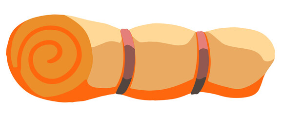 Rolled sleeping bag, hiking, camping equipment, outdoor adventure, expedition. Hand drawn vector doodle illustration. Colorful clipart isolated on white. Element for design print, decor, card, sticker