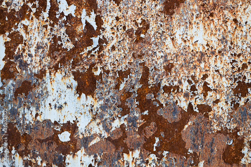 Poster iron wall with rust. red textured surface.