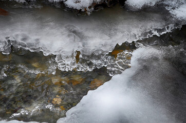 Ice-free little river in winter. Stream of river water. The snow cover. Winter abstract background.