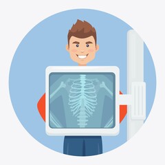 X-ray machine for scanning human body. Roentgen of chest bone. Medical examination for surgery. Vector illustration