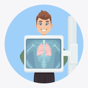 X-ray machine for scanning human lungs. Roentgen of chest bone. Diagnosis of cancer, tuberculosis, pneumonia. Medical examination of respiratory infections for surgery. Vector illustration
