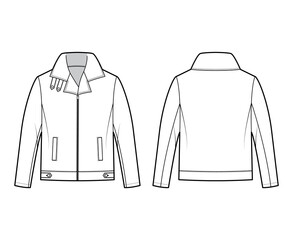 Zip-up Bomber leather jacket technical fashion illustration with tabs, oversized, thick collar, long sleeves, welt pockets. Flat coat template front back white color style. Women men unisex CAD mockup © Vectoressa