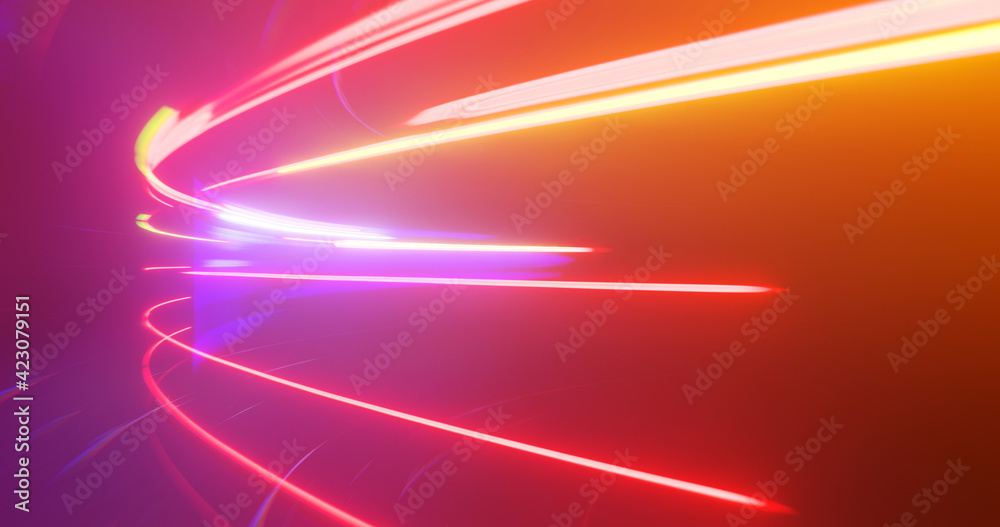 Poster light trails in tunnel. abstract background with glowing lines, 3d rendering