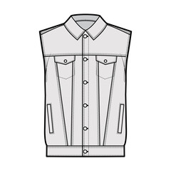 Standard denim vest technical fashion illustration with oversized body, flap welt pockets, button closure, classic collar, sleeveless. Flat apparel front grey color style. Women, men unisex CAD mockup