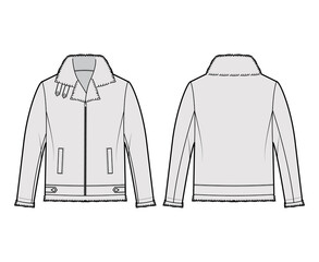 Zip-up Bomber leather jacket technical fashion illustration with fur shearing, thick collar, long sleeves, welt pockets. Flat coat template front, back white grey color style. Women men top CAD mockup © Vectoressa